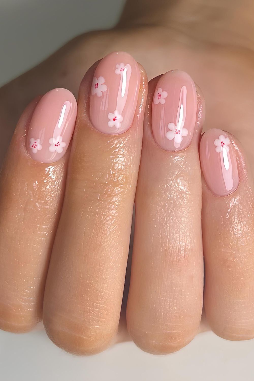 Glossy soap nails with cherry blossom florals