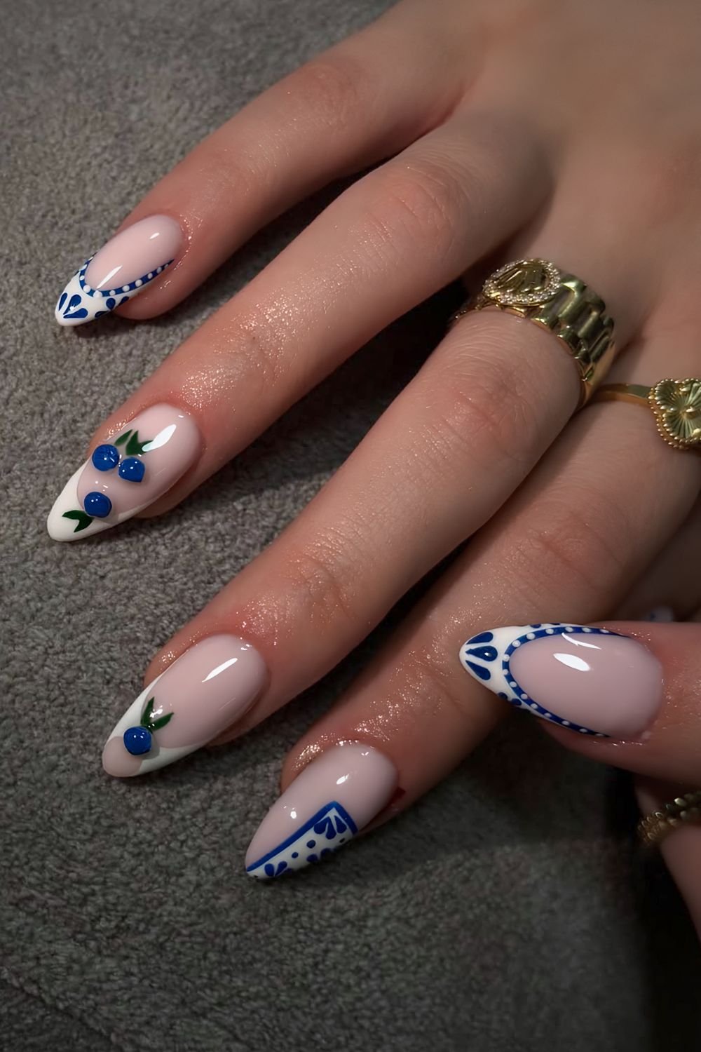 Medieteranean tile inspired nails with 3D blueberry accents