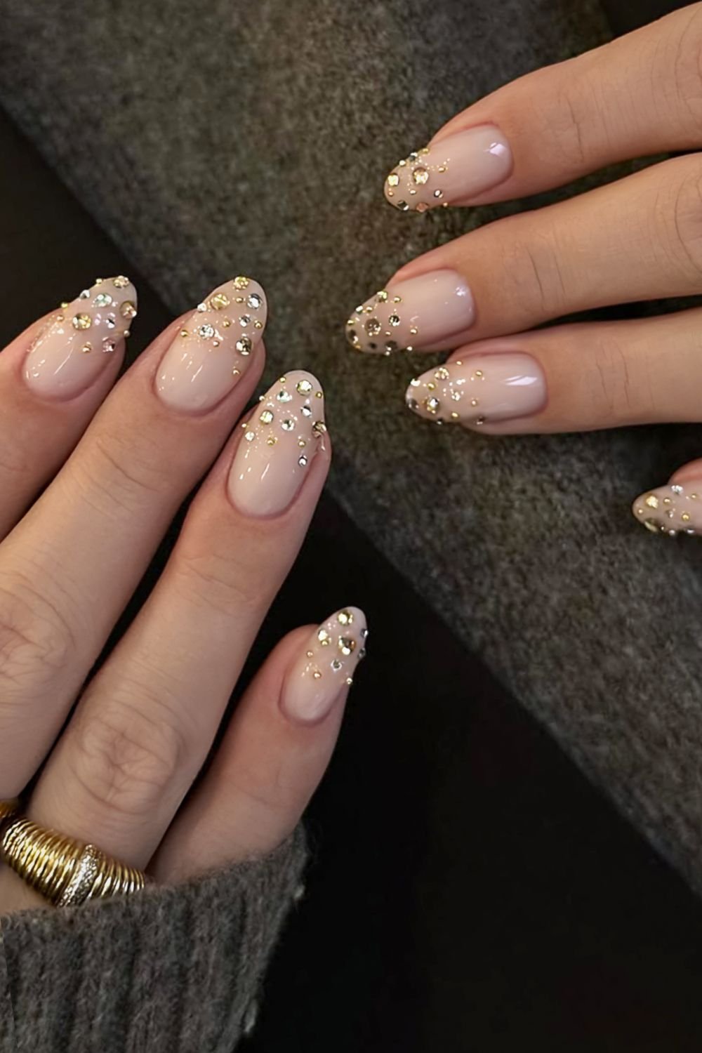 Nutral mani with gem French tips