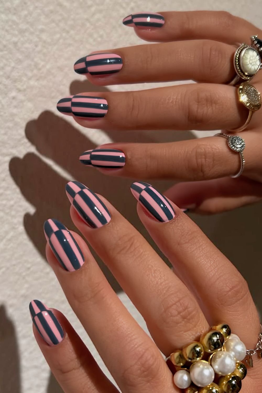 Pink and gray reverse stripe French manicure