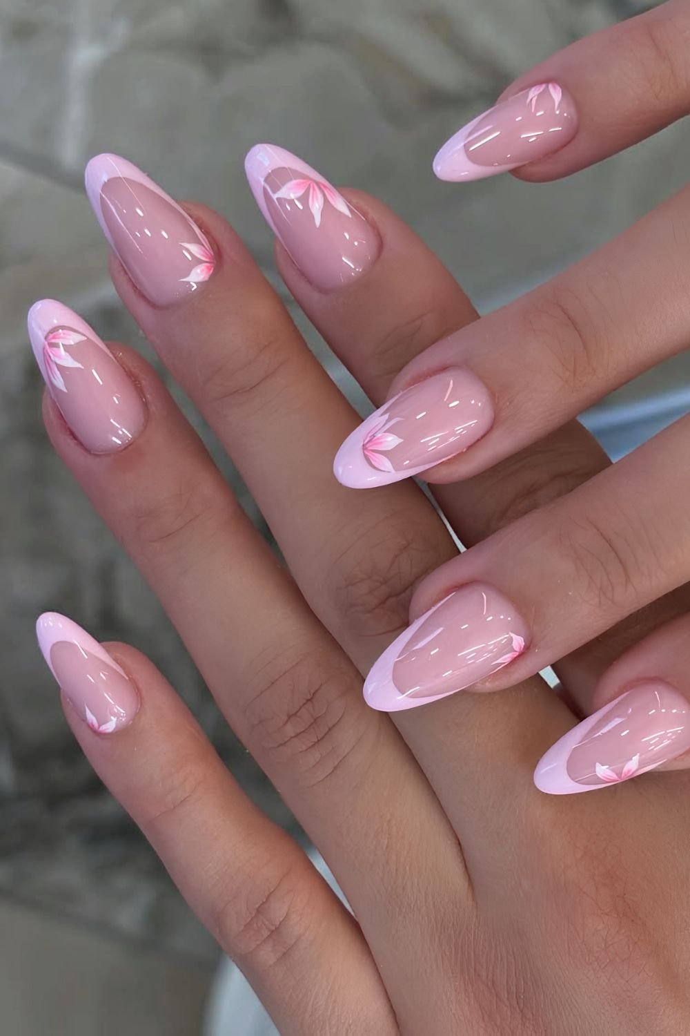 Pink floral French Tip Nails