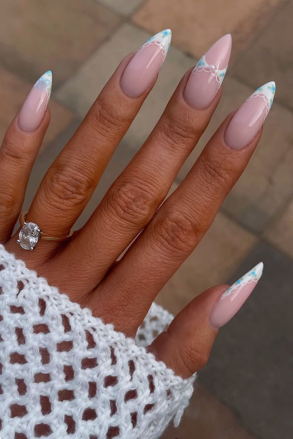 White French mani with blue florals lace outline and peek a boo french tiip accent with pearl