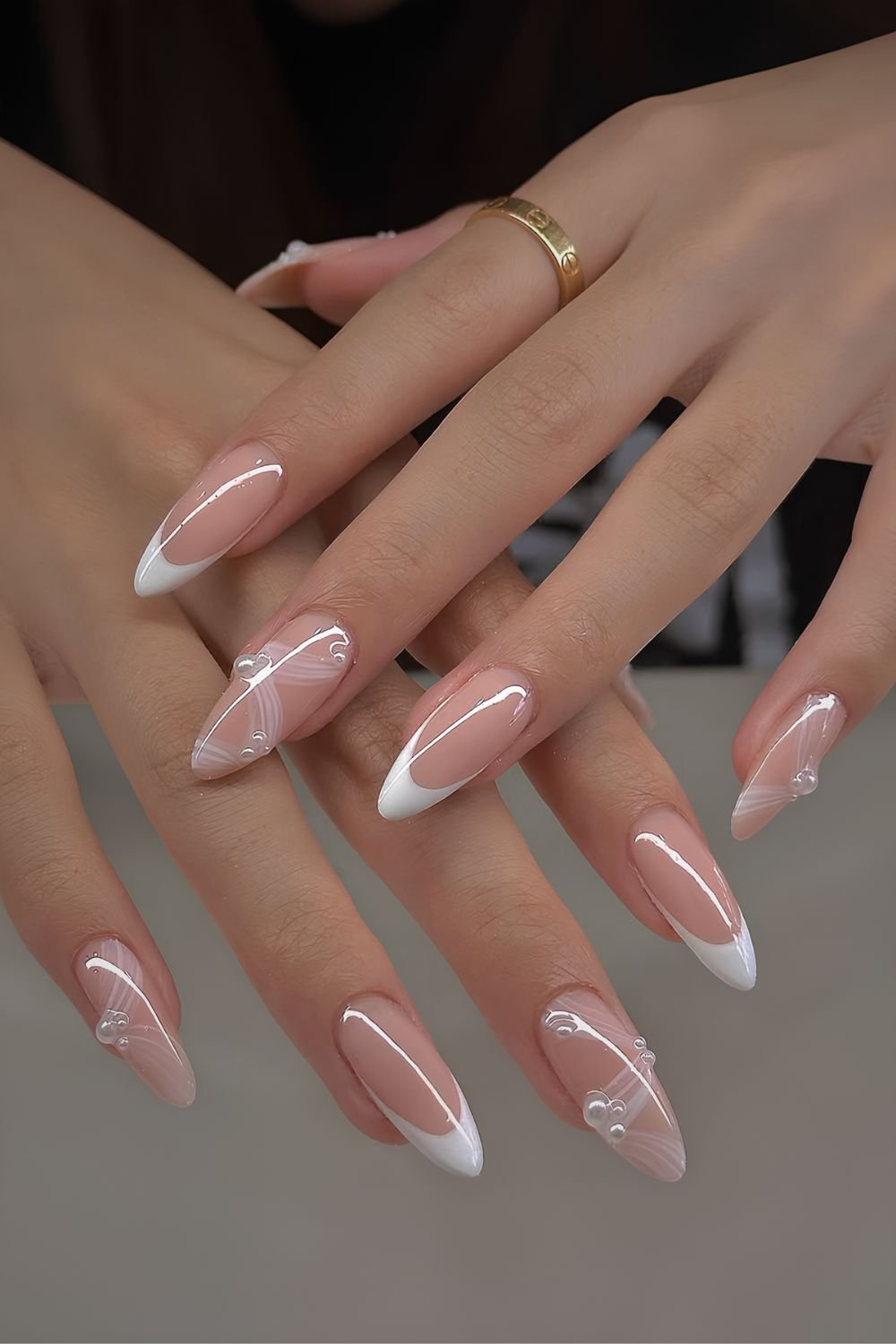 White French mani with drapes design and pearls