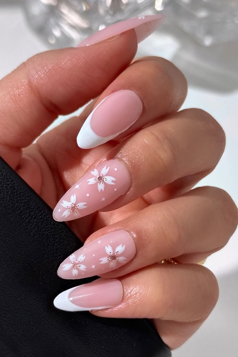 White french and neutral nails with white cherry blossom