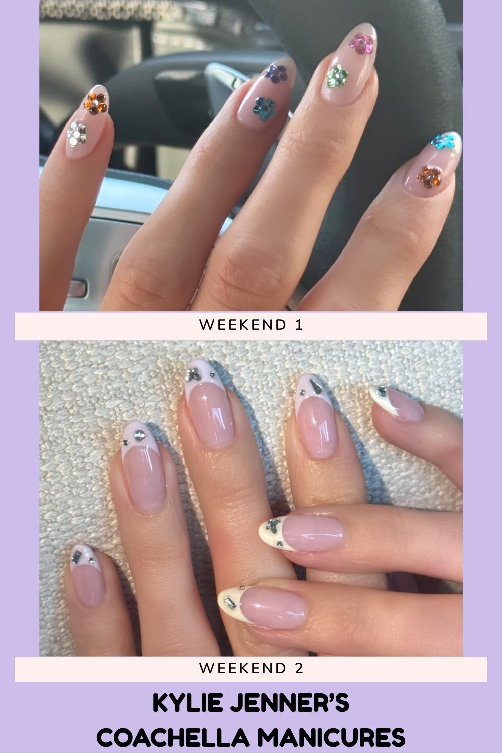 collage photo of Kyle Jenner coachella manicures from weekend 1 and 2