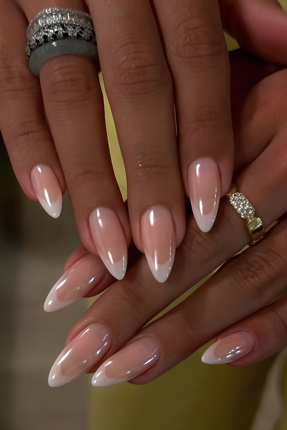 Almond shaped glazed white French nails