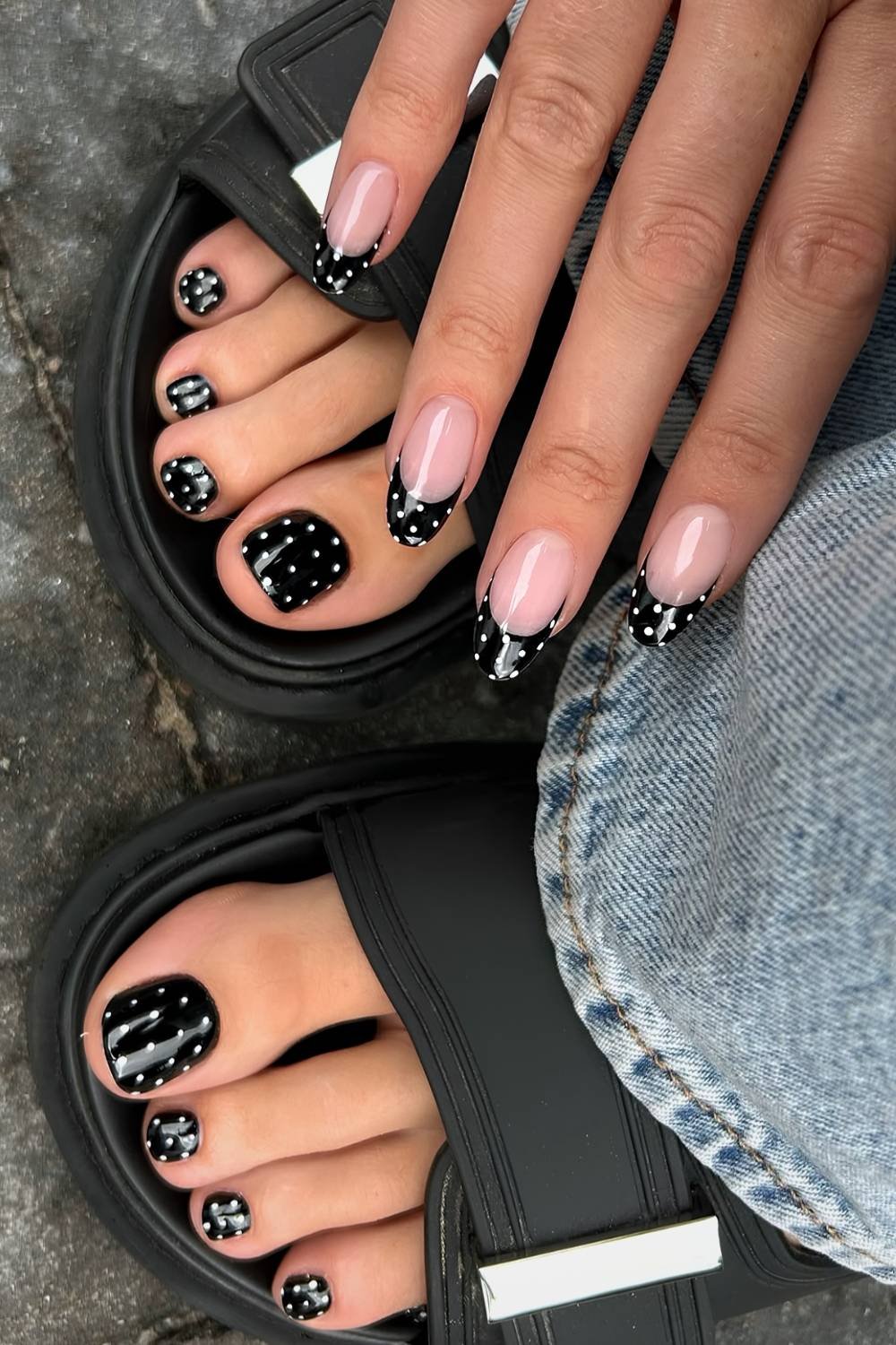 Black and white polka dot toe nails and French tip hand nails