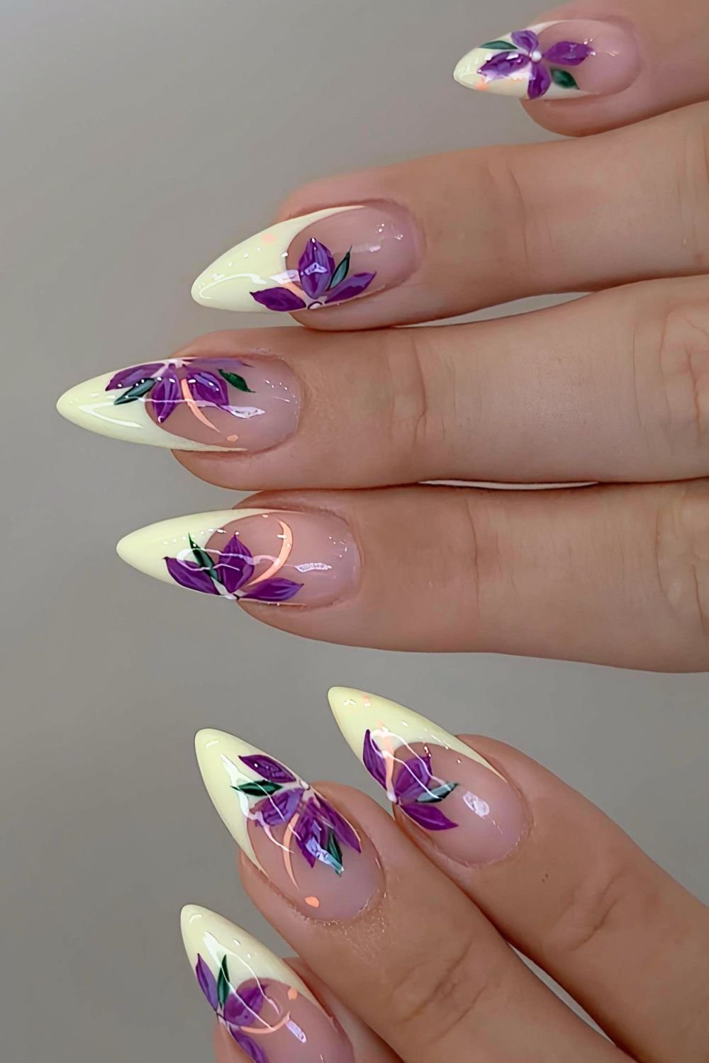 Butter yellow French tips with dark purple floral design