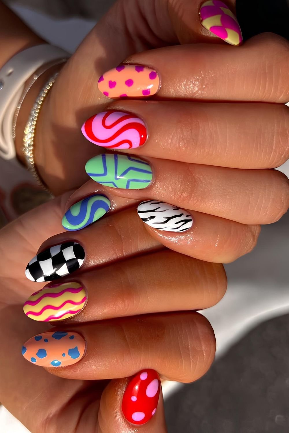Colorful nails with different patterned designs