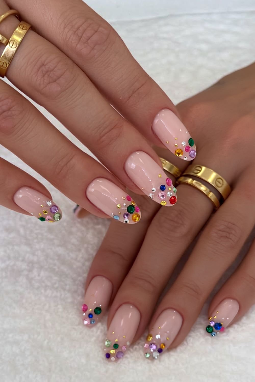 Colorful rhinestone French tip nails