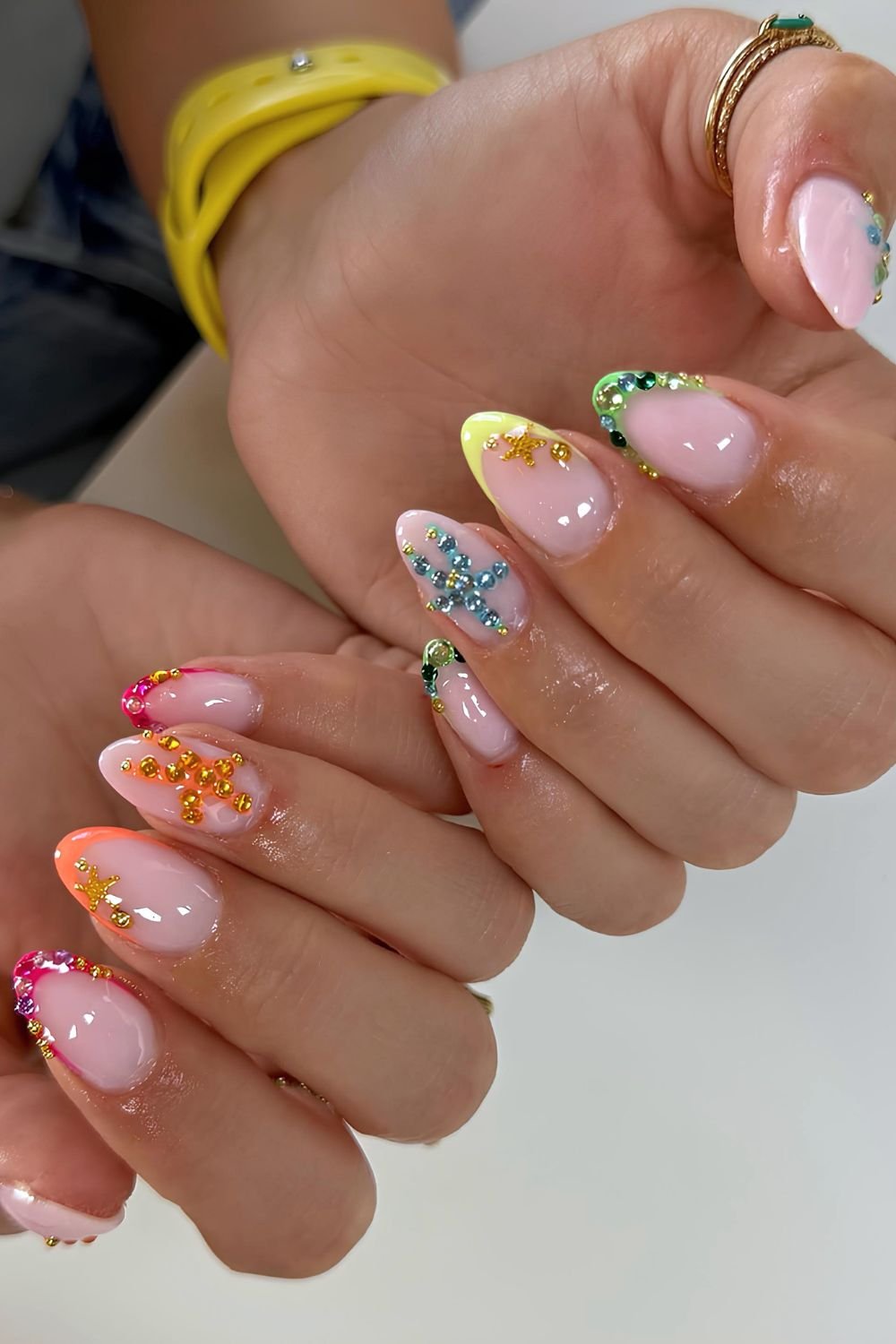 Colorful starfish French tip nails