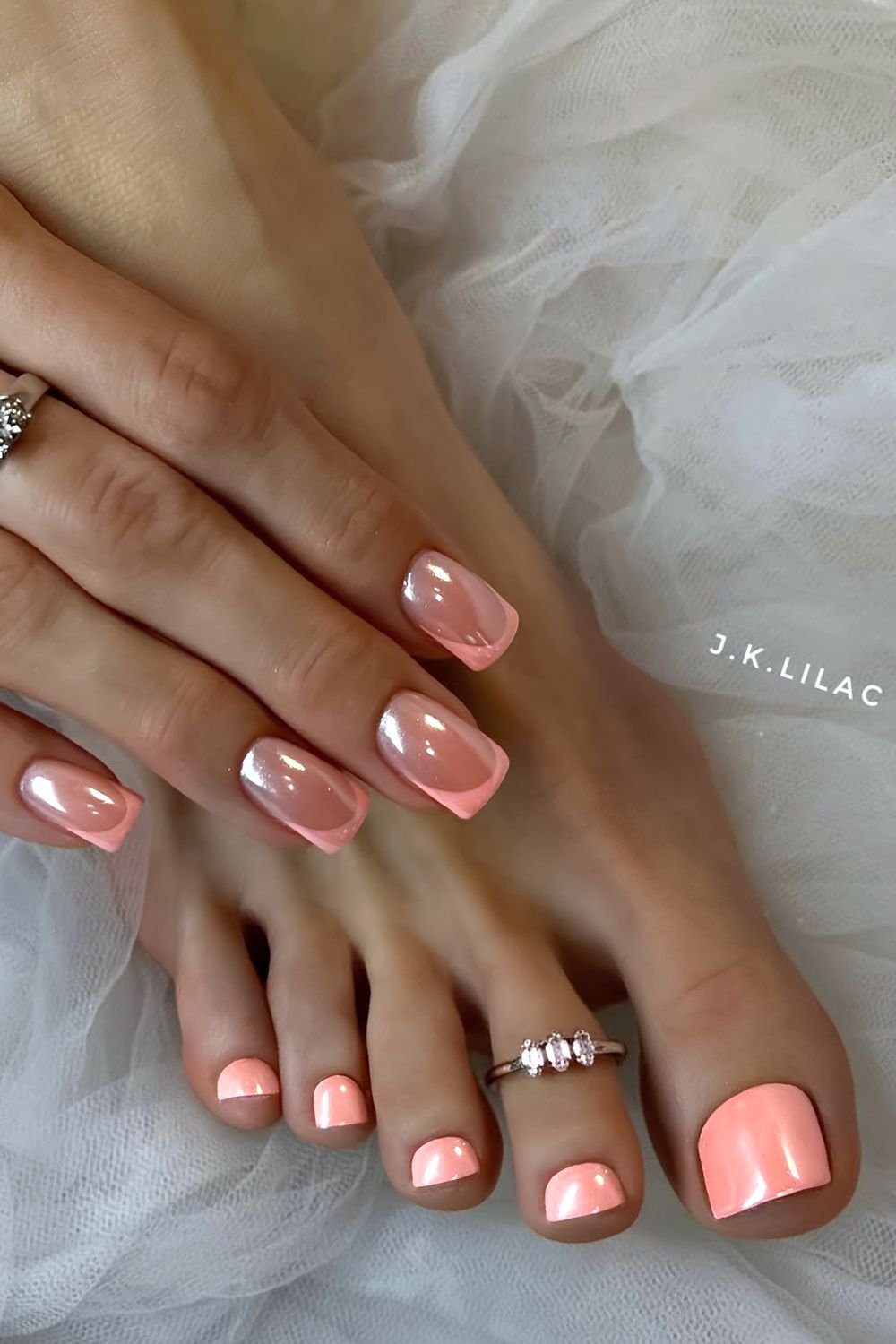 Glazed peach toe nails and French tip hand nails