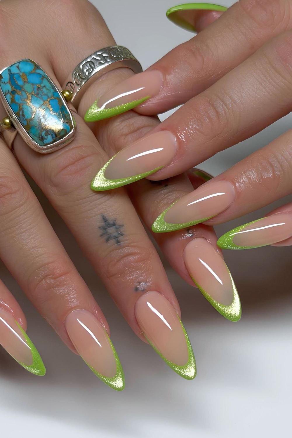 Lime green cat eye French tip nails
