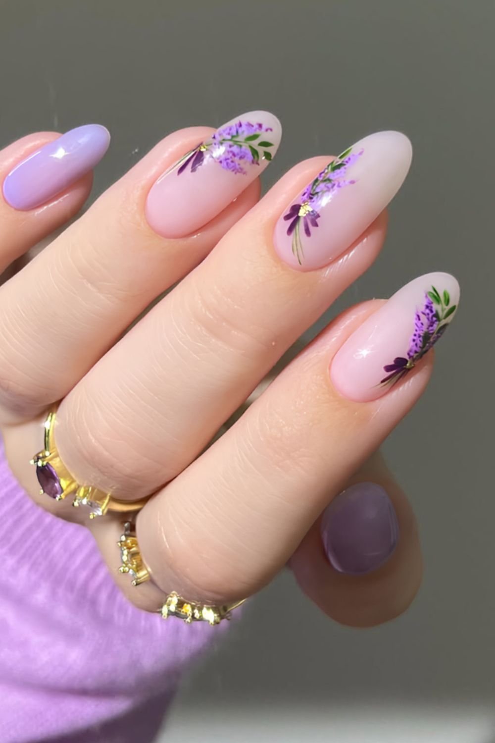 Milky purple and neutral nails with avender bouqet accent