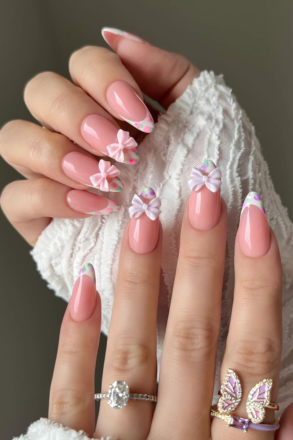 Mismatched hands floral coquette French nail design