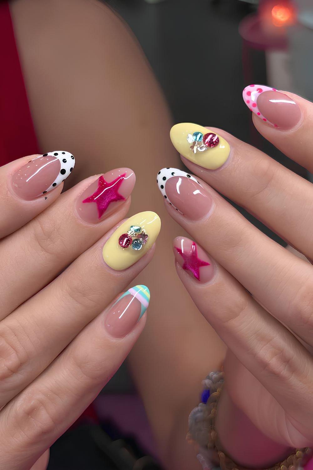 Mix and match nails with gems and cat eye stars