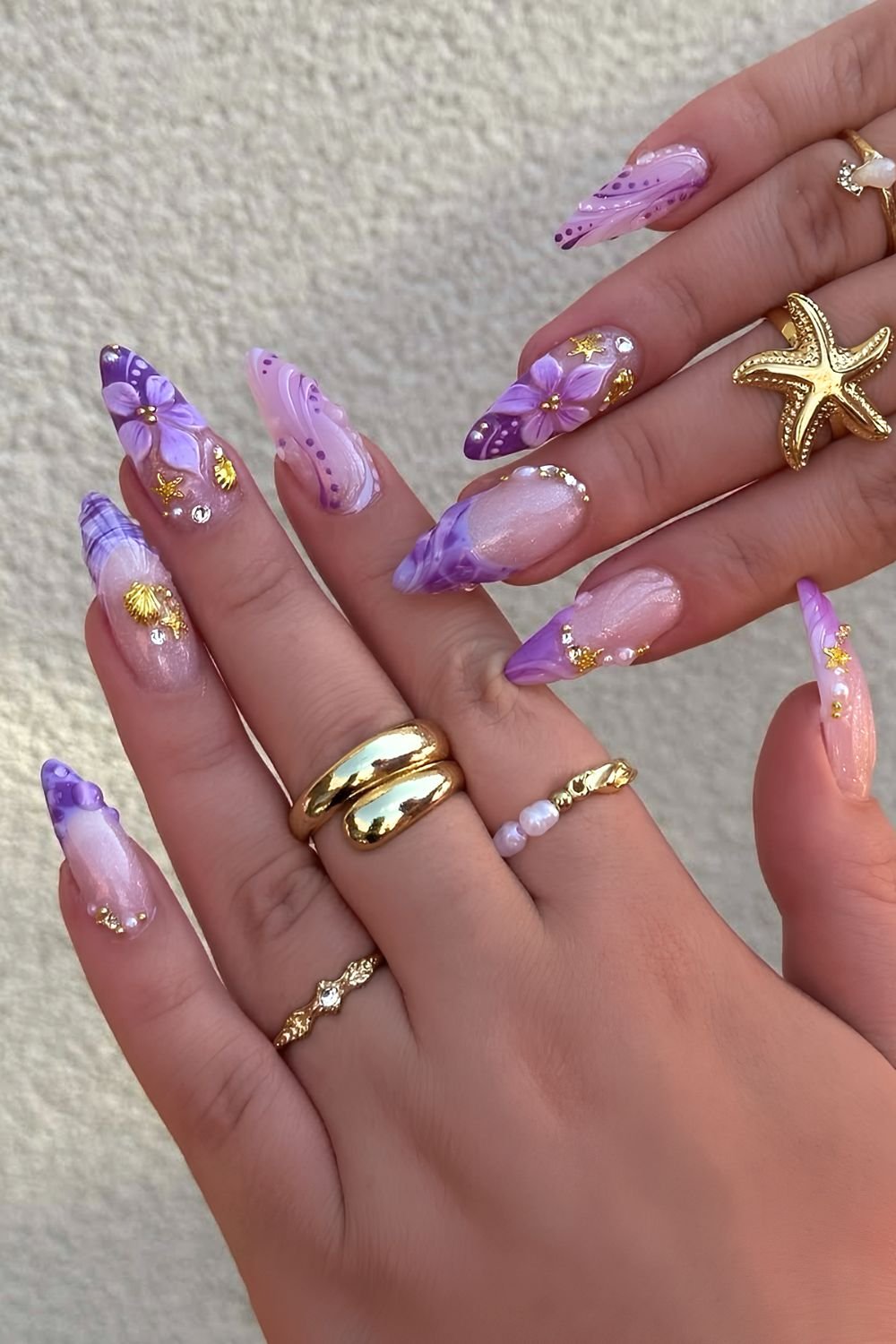 Mix and match purple floral summer nails
