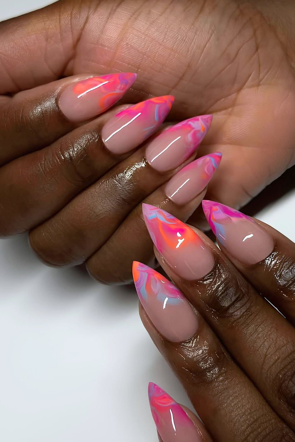 Multicolored marble French nails