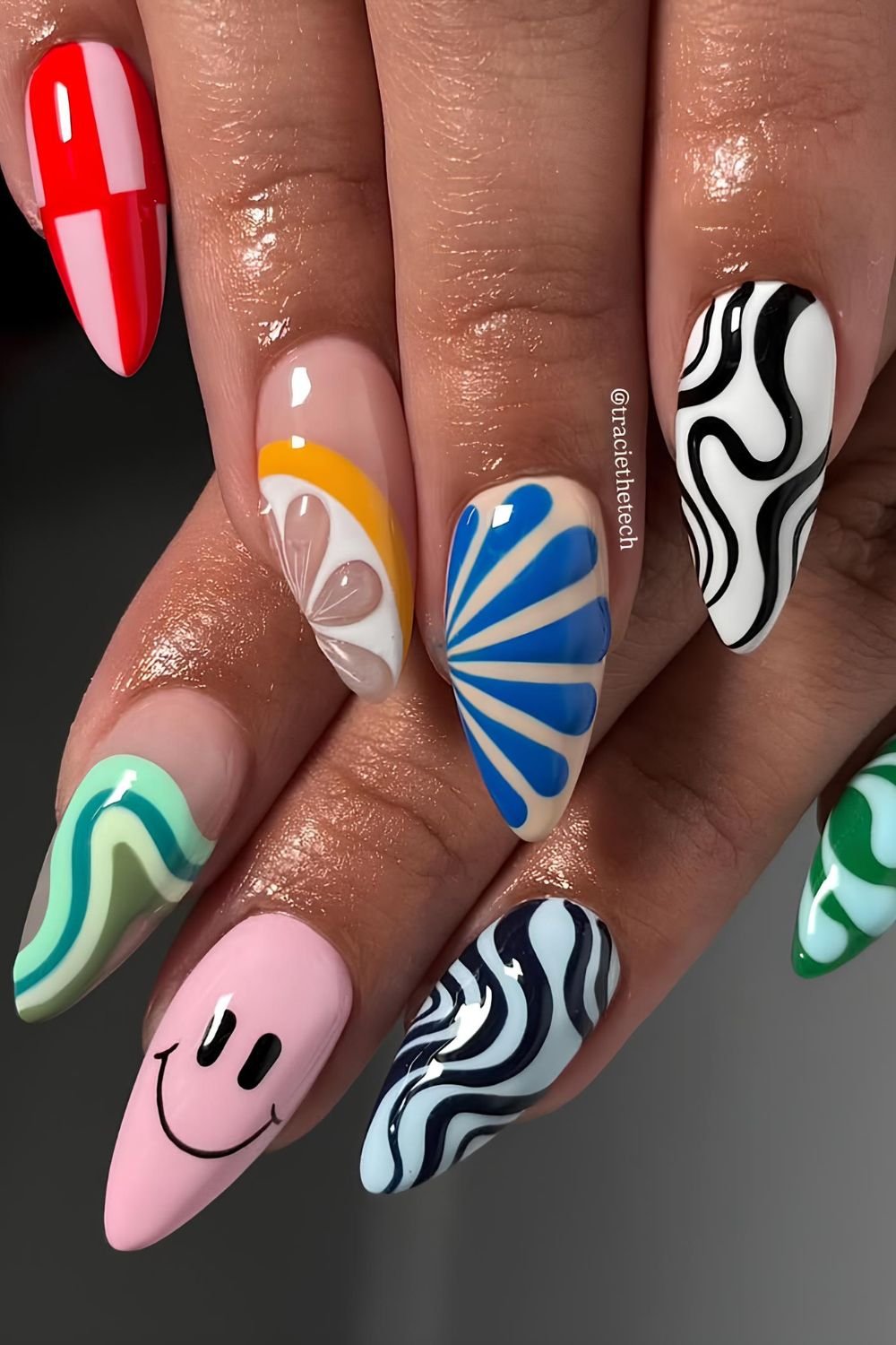 Multicolored swirl and smiley nails