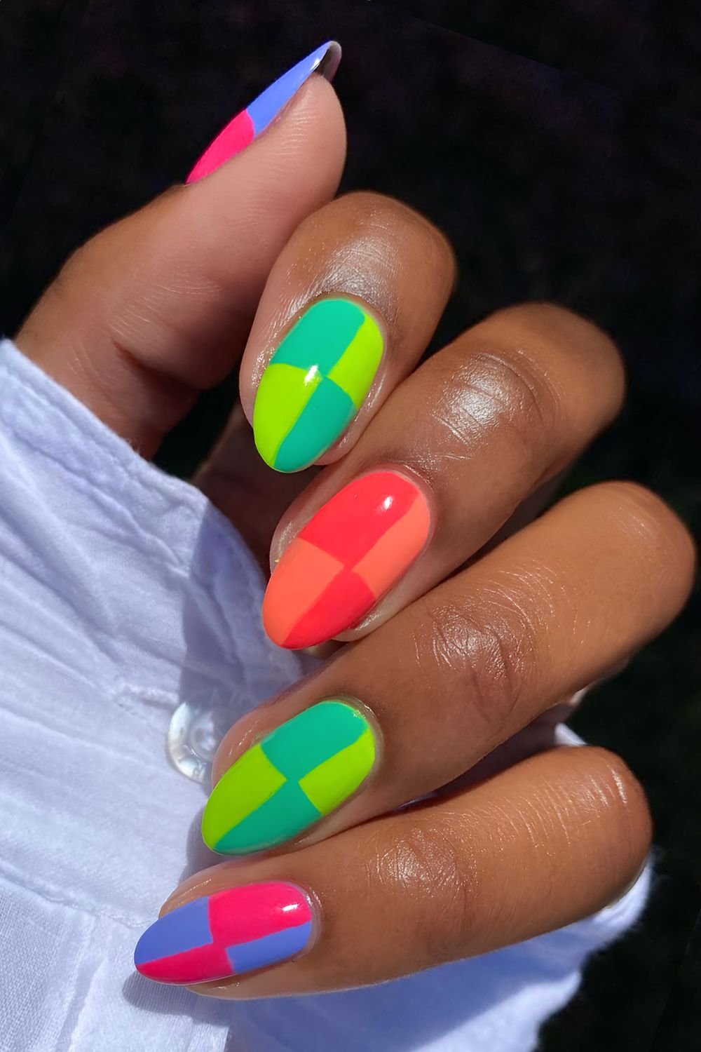 Neon multicolor checkerboard nails