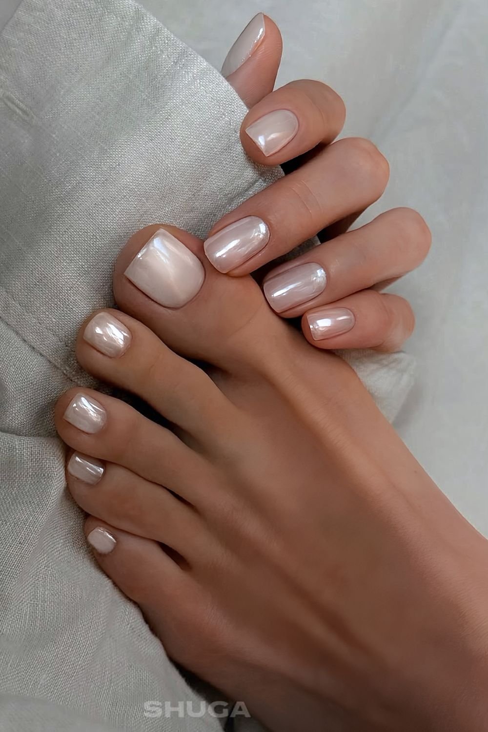 Pearly white chrome manicure and pedicure