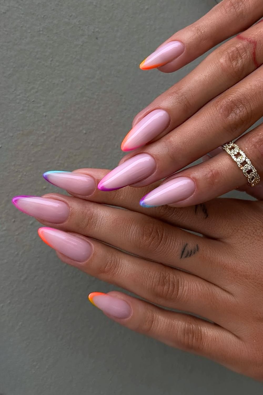 Rainbow ombre micro French tips on long nails
