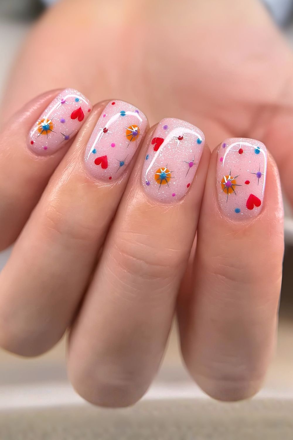 Short and sparkly confetti nails