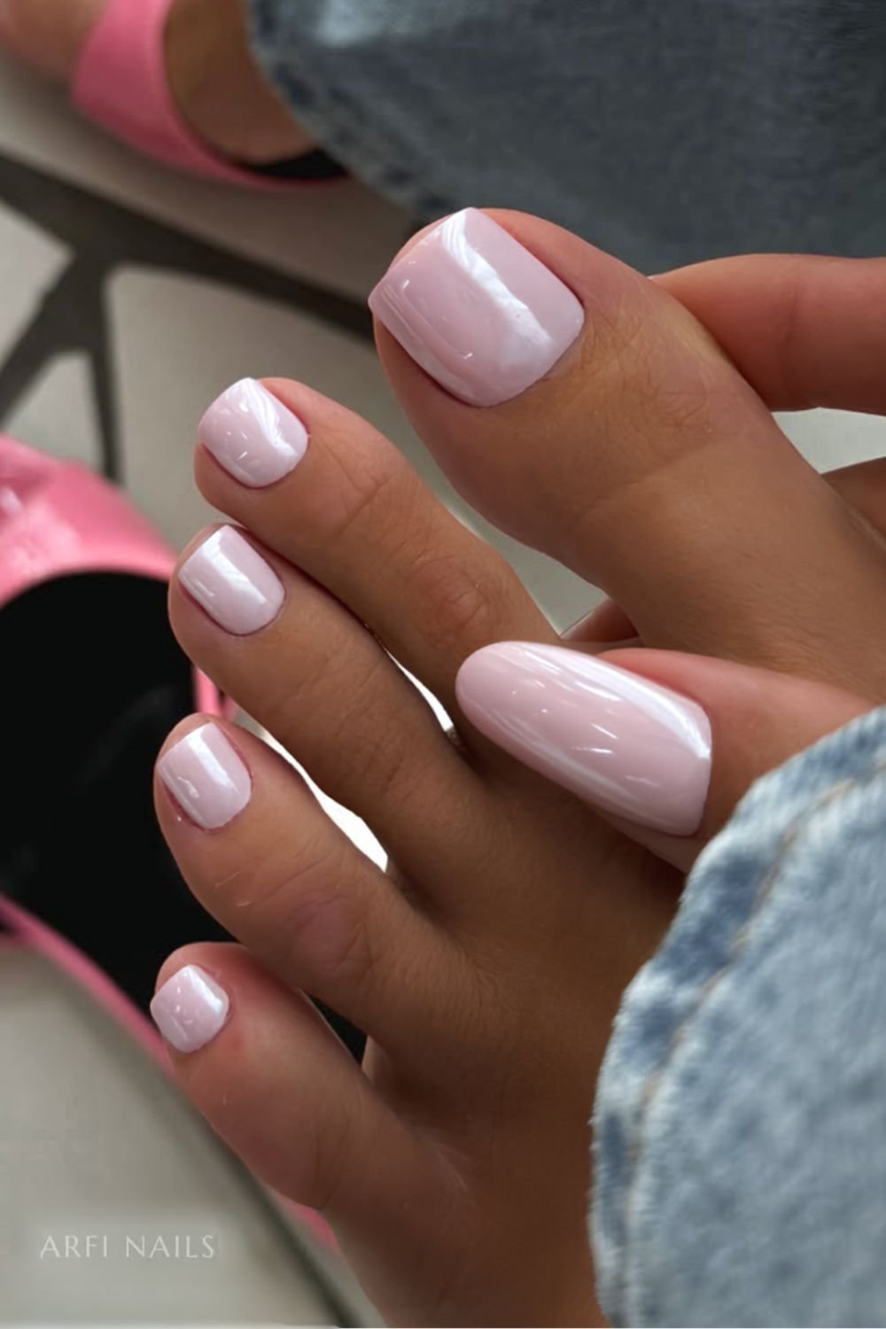 Soft pink manicure and pedicure with chrome effect