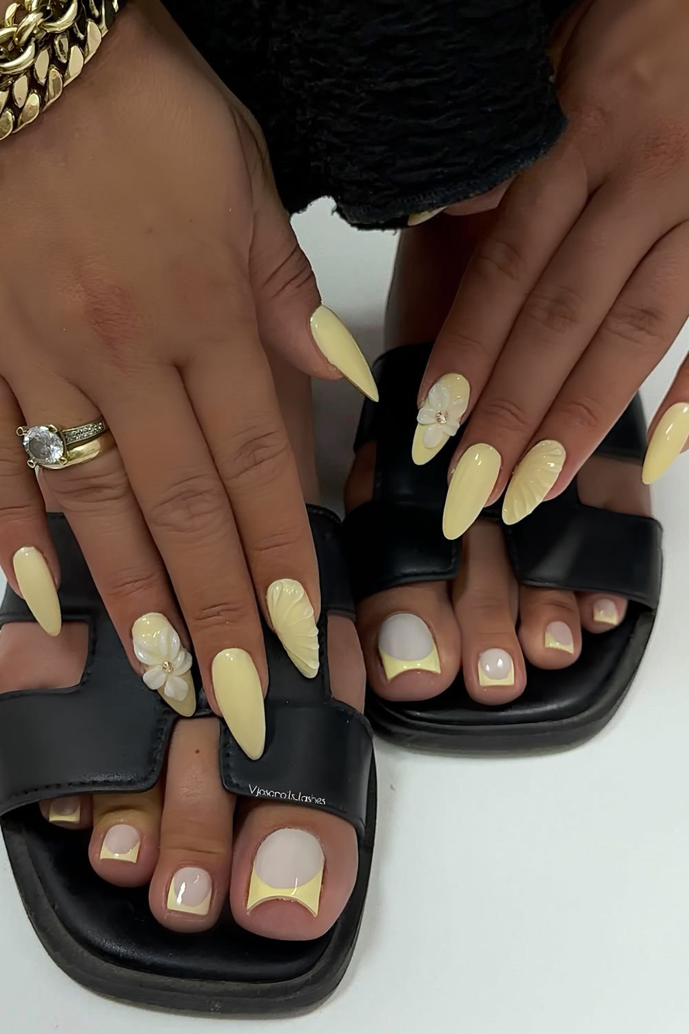 Sunny yellow french tip pedicure and full color manicure with 3D flowers