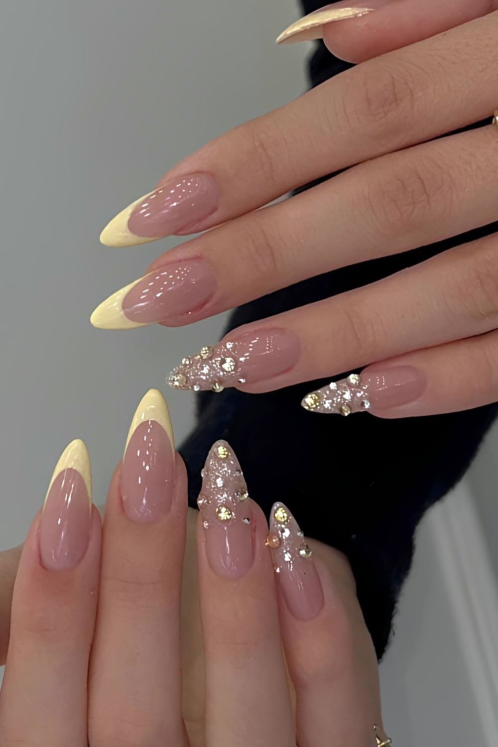 Yellow French tips with gem French tip accents