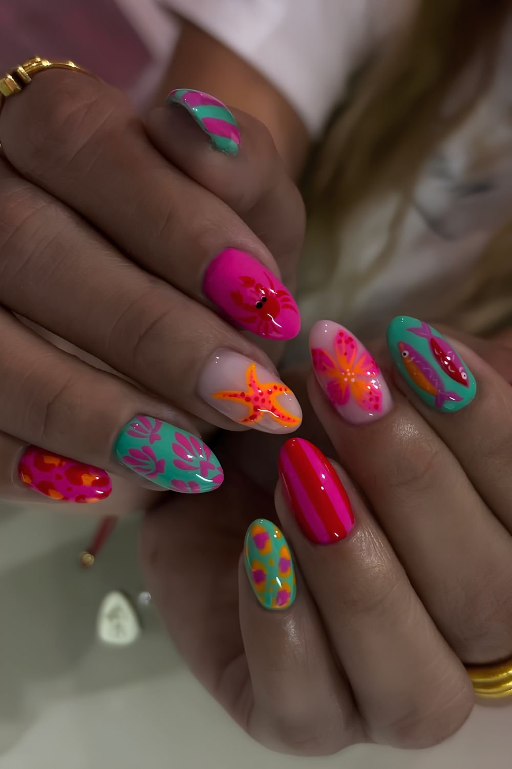 Colorful neon beach themed nails