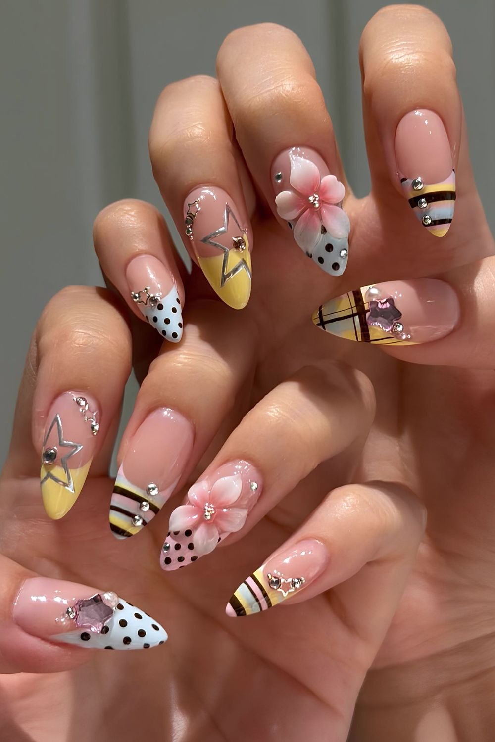 Colorful pattern nails with stripes, plaids and polkadots