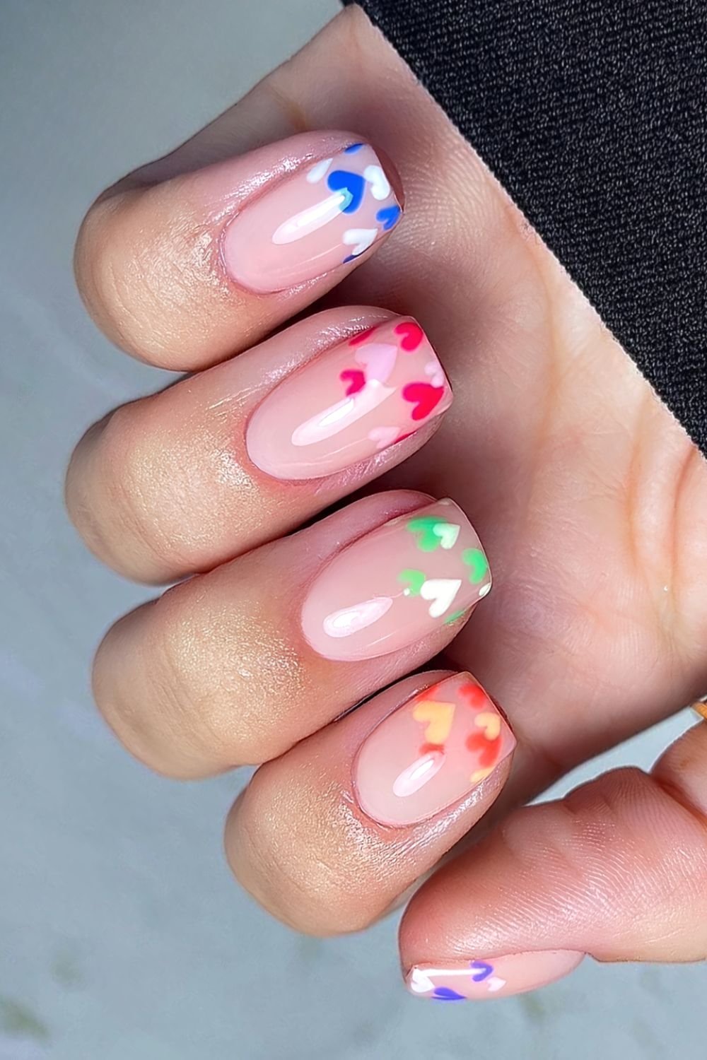 Heart nails in rainbow colors