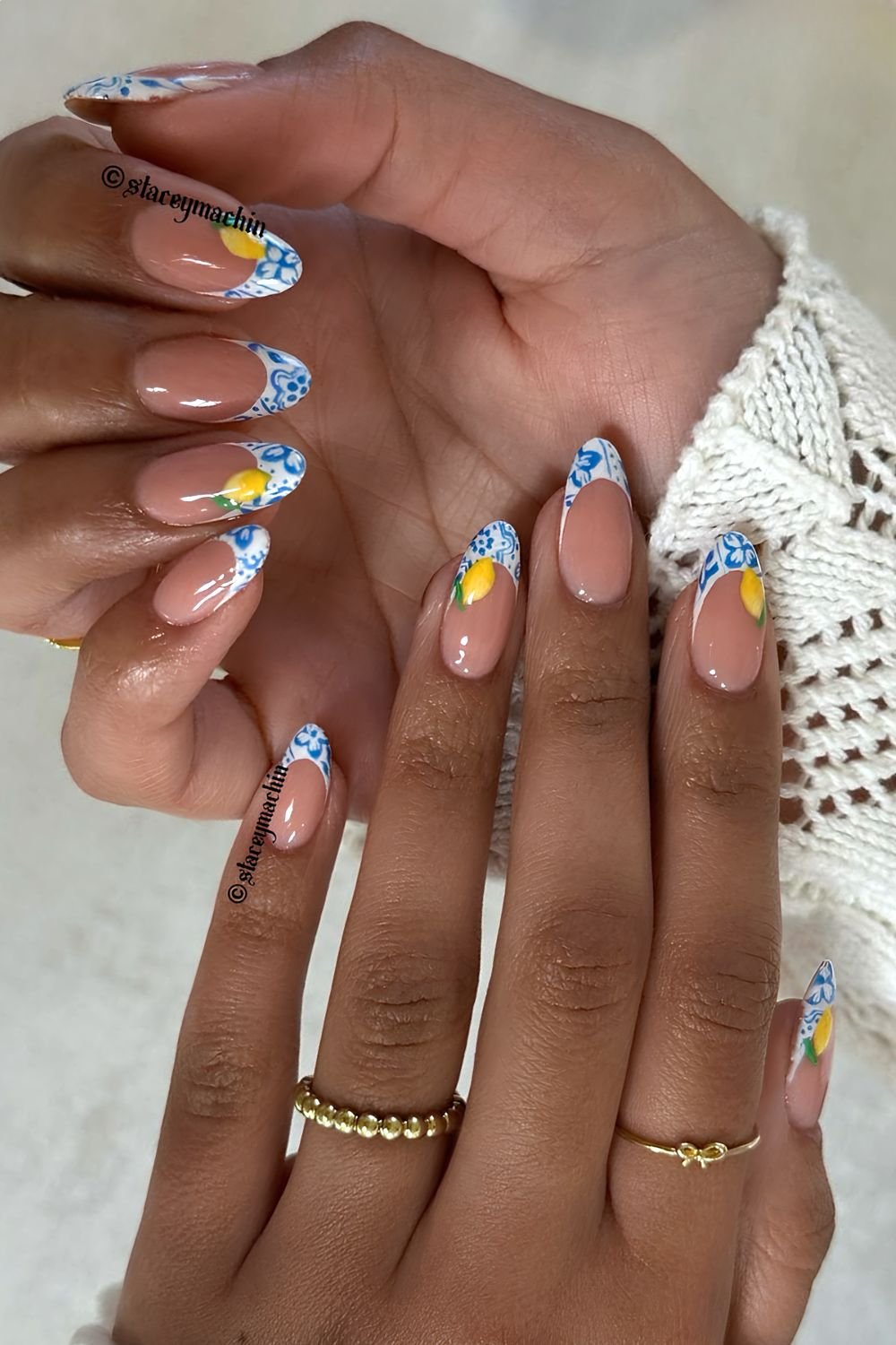 Mediteranean tile French tip nails wit lemon accents