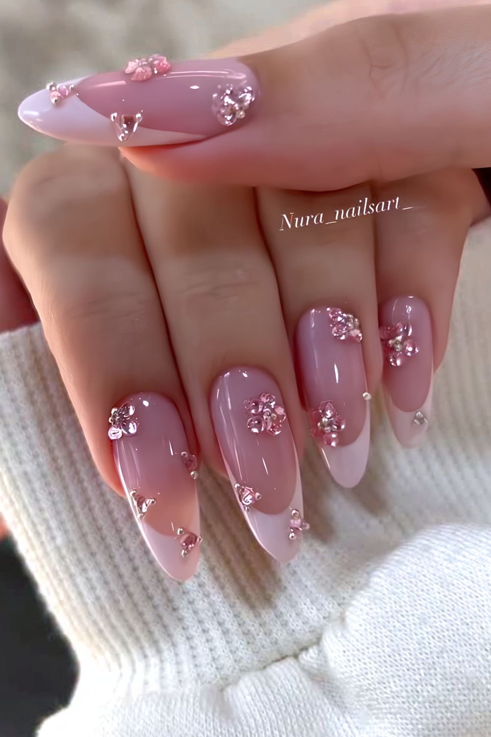 Pink on pink French nails with pink gem florals