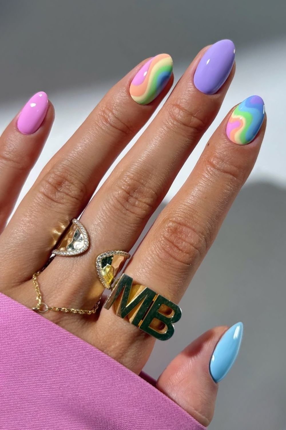 Rainbow pastel squiggle nails