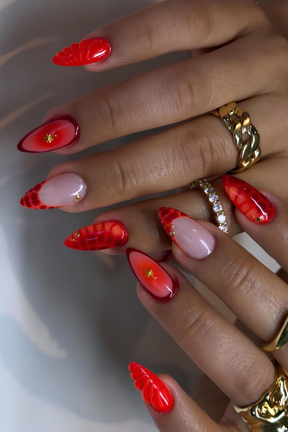 Red aura and animal print blooming gel nails