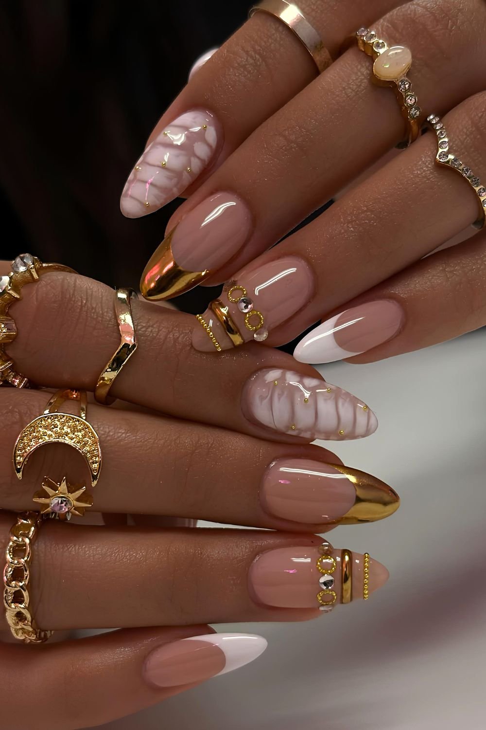 White and gold mix and match nails