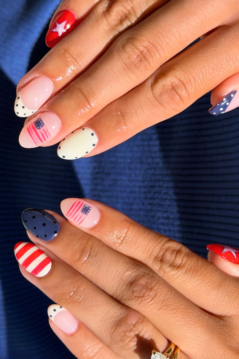 4th of July nails with flag, stripes and polkadots