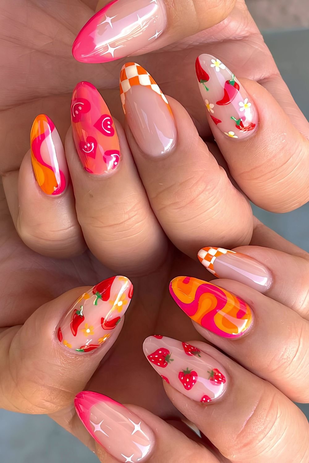 Pink and orange mix and match pattern nails