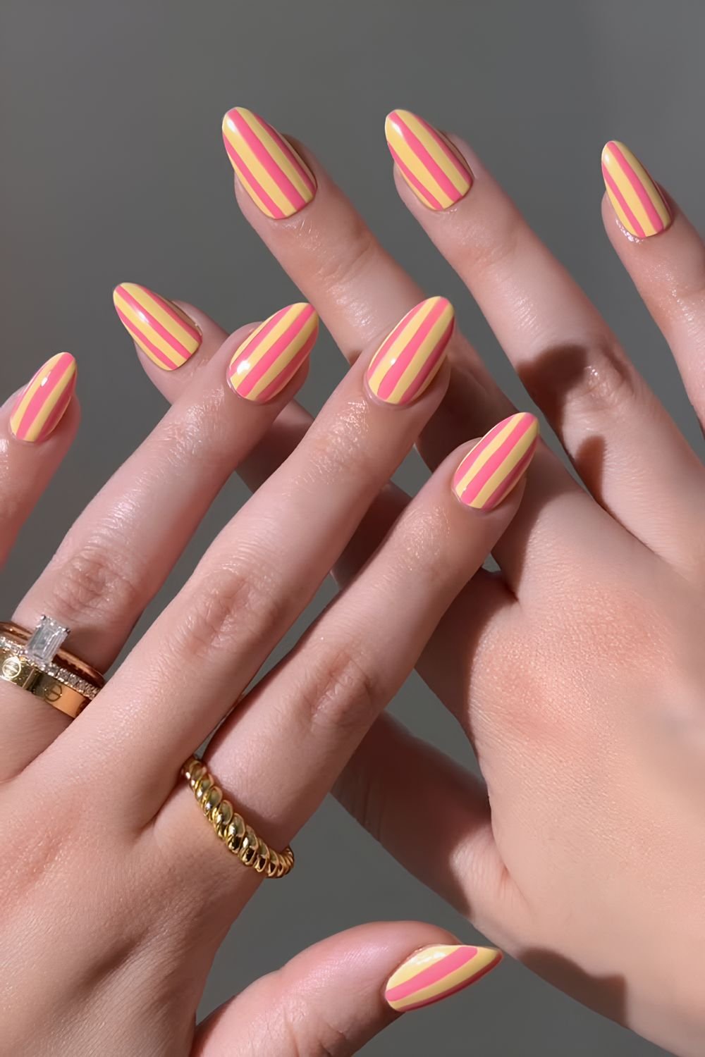 Pink and yelow beach towel inspired striped nails