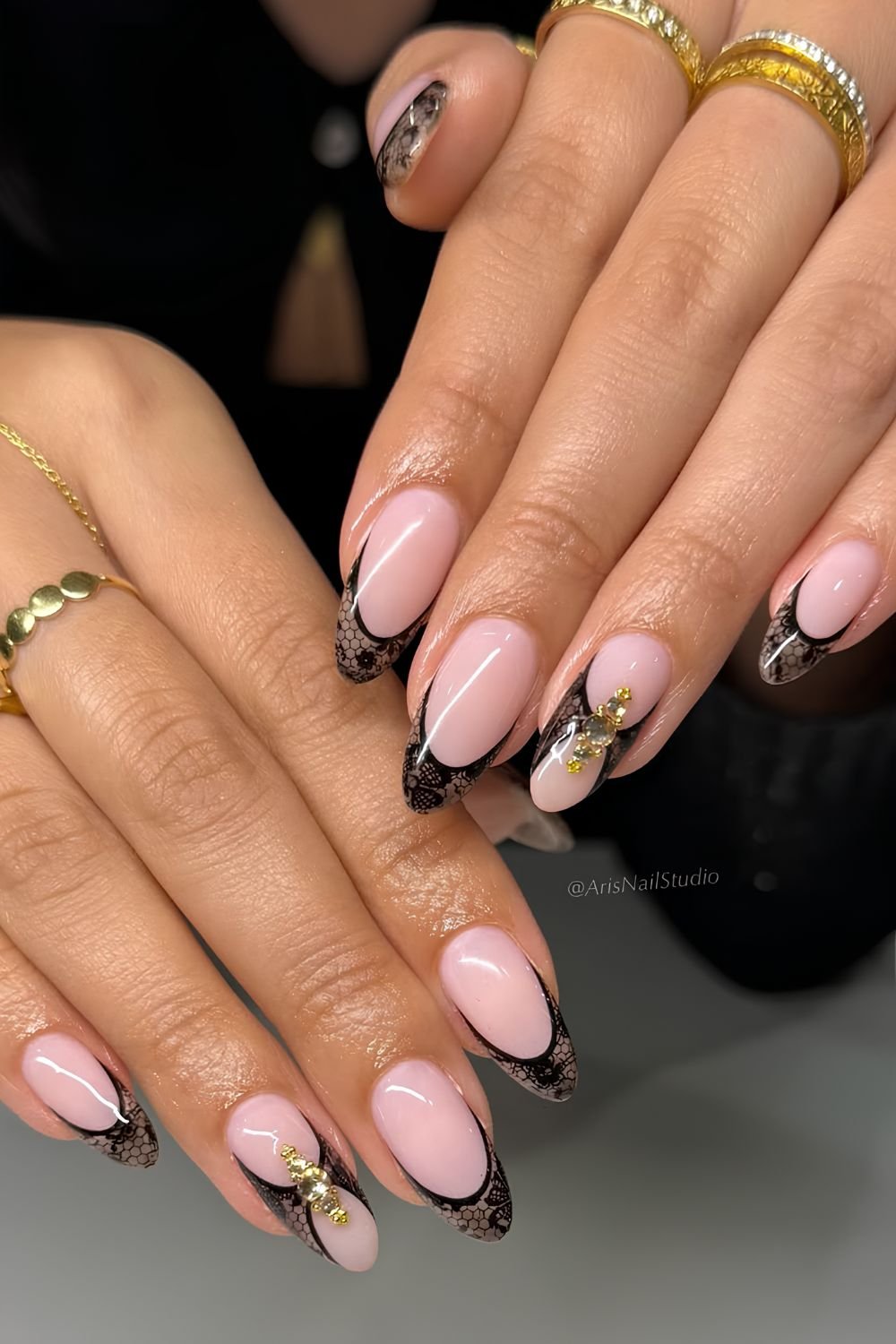 Black lace French tips with negative space design