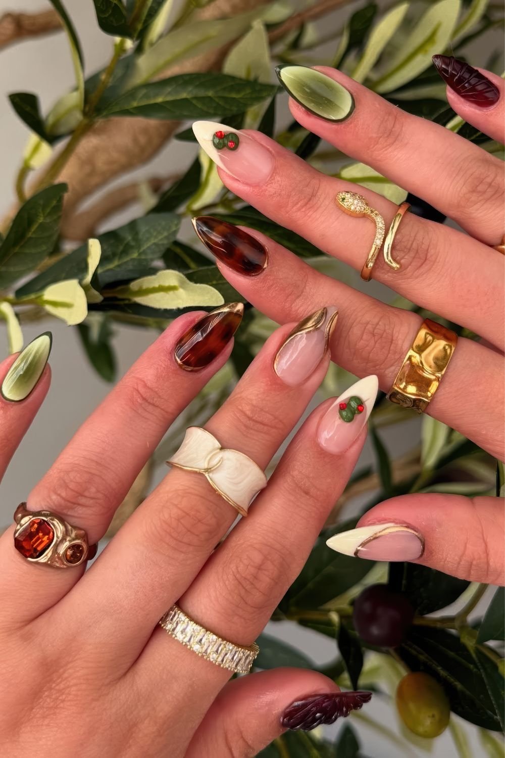 Martini olive and tortoiseshell mix and match nails