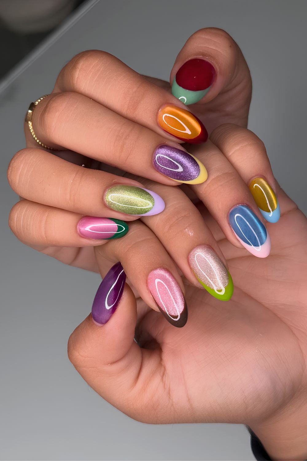 Skittle color block cat eye French nails