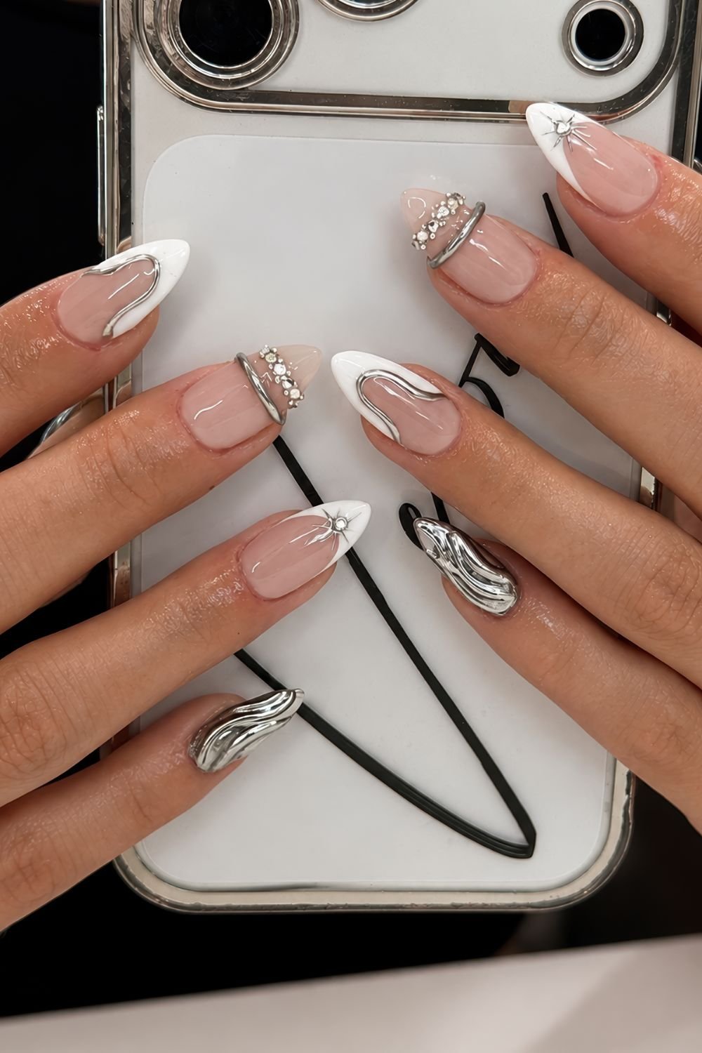 White and silver chrome bangle nails