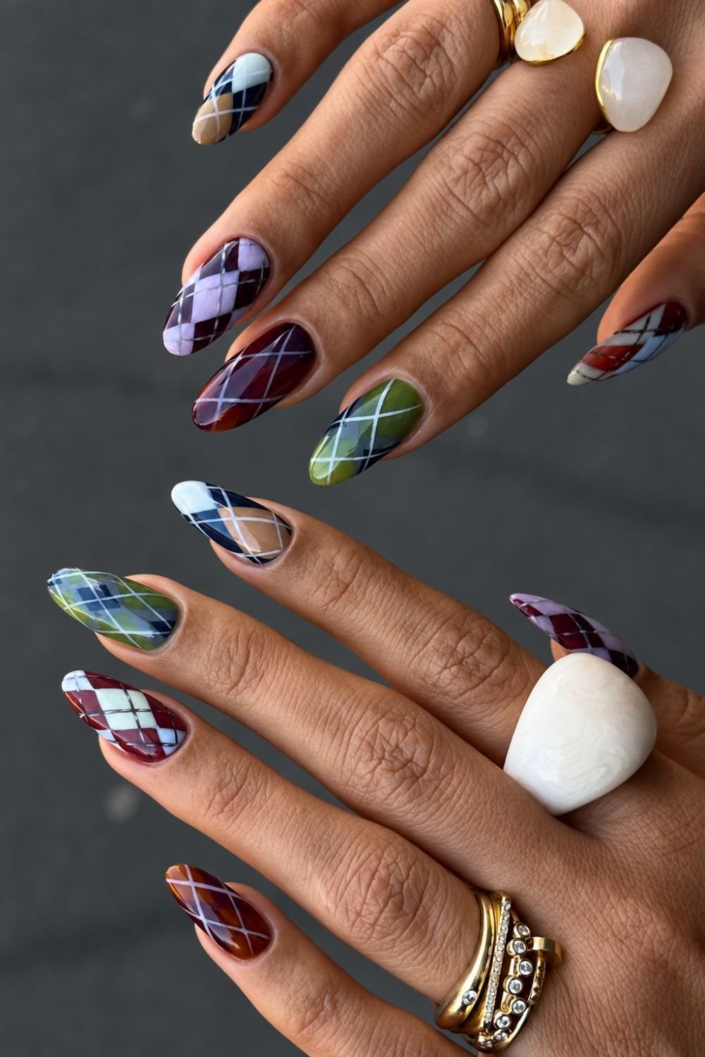 Argyle pattern nails in dark fall colors