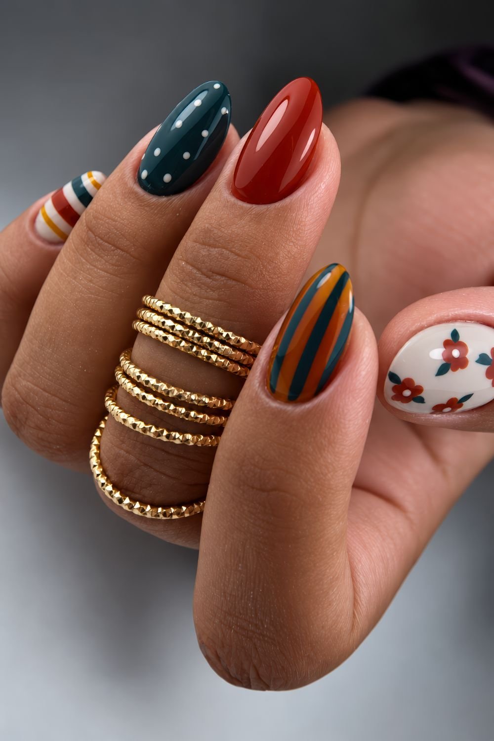 Autumnal colors mix and match pattern nails