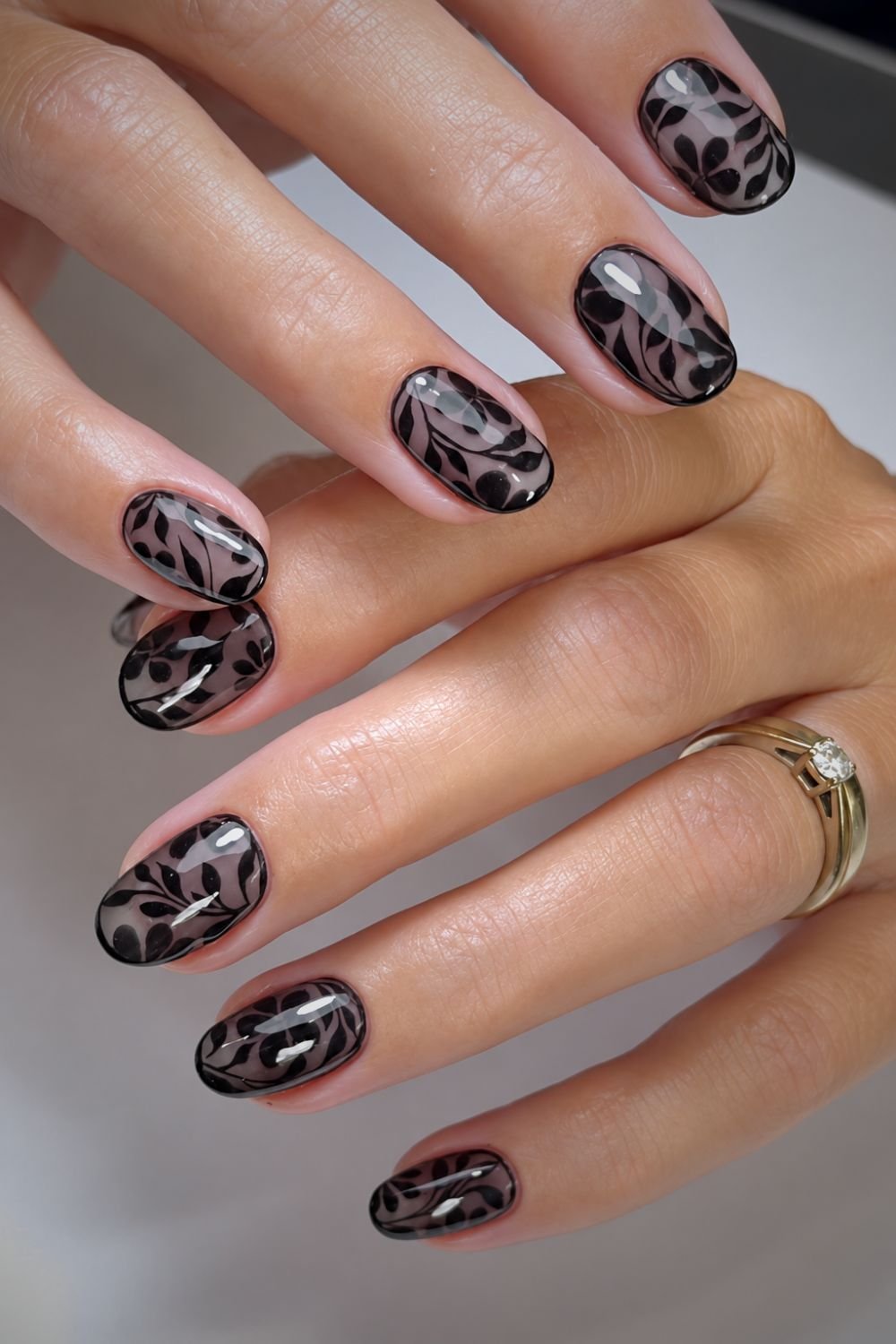 Black on black botanical lace design