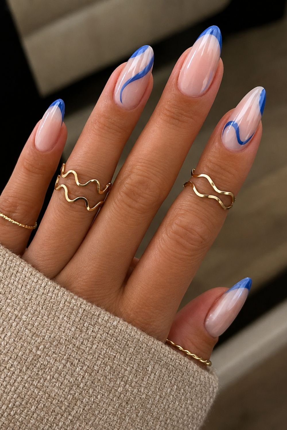 Cobalt blue French tips and swir accens with white chrome effect