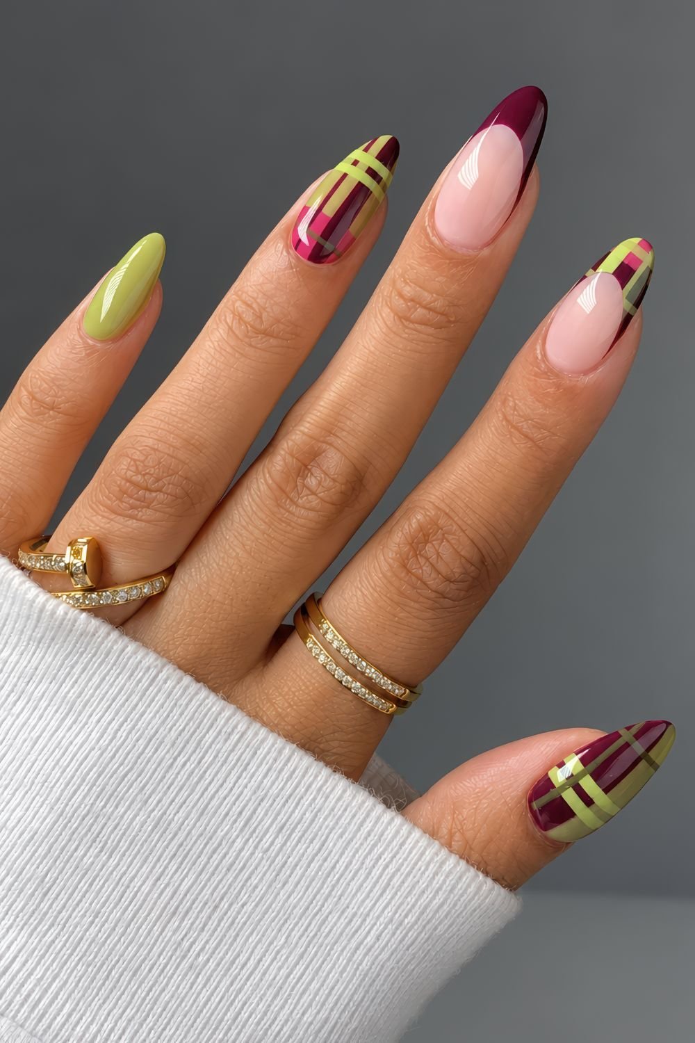 Purple plum and olive green plaid nails